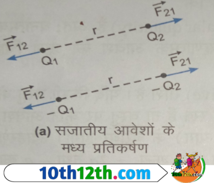 यदि आवेश Q₁ व Q₂ सजातीय है, तो आवेश Q₁ के कारण आवेश Q₂ पर बल F₂₁ की दिशा Q₁ से Q₂ को मिलाने वाली रेखा की दिशा में होगी तथा आवेश Q₂ के कारण आवेश Q₁ पर बल F₁₂ की दिशा Q₂ से Q₁ को मिलाने वाली रेखा की दिशा में होगी।